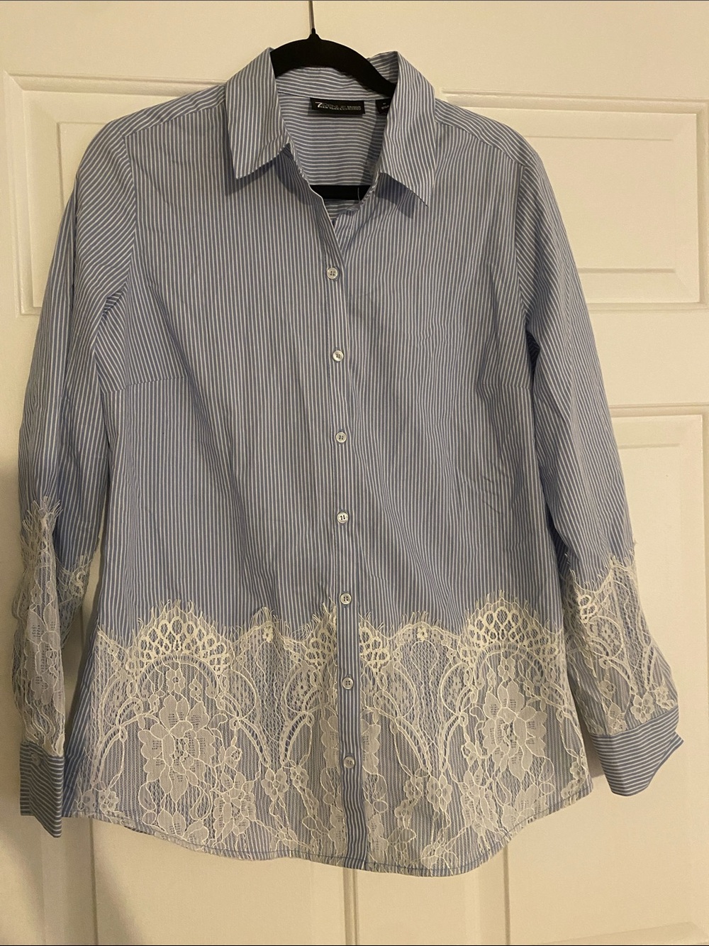 New York & Company Blue and White Striped Button-Down Shirt with Cream Lace Trim